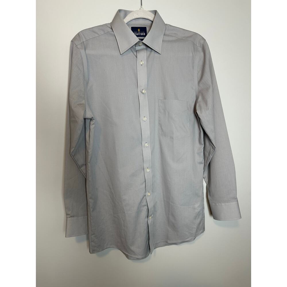 Stafford Travel EasyCare Broadcloth Dress Shirt 15 32/33 Gray Fitted Long Sleeve